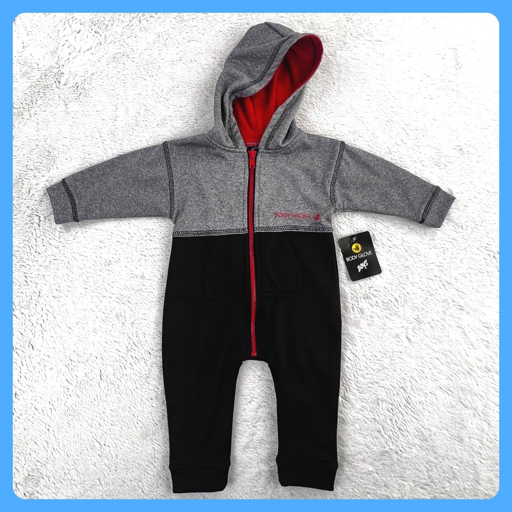Body Glove Romper Jumpsuit Baby Boy's 3-6M Gray Black Red Full‎ Zip Up Hooded